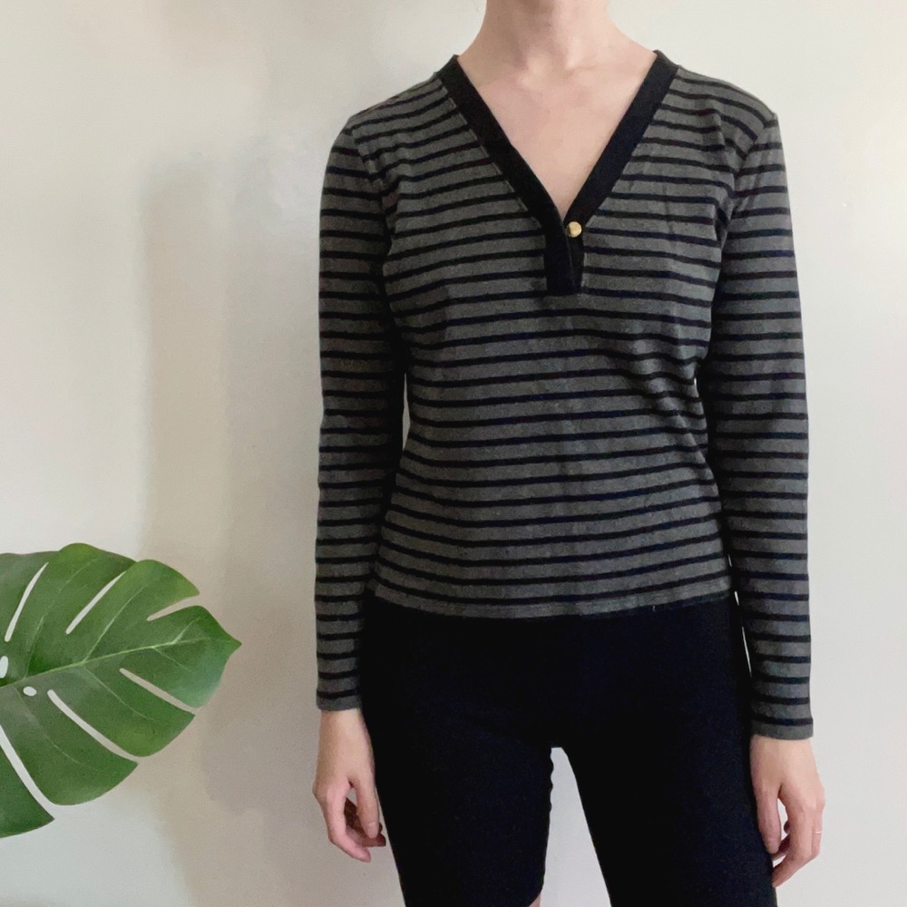 Striped gray Ralph Lauren petites long sleeve top